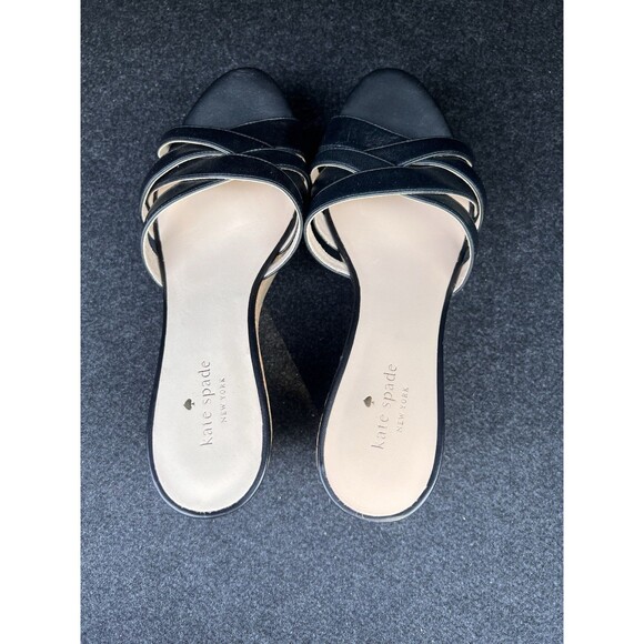 NEW kate spade TALCOTT BLACK CORK ESPADRILLE WEDGE LEATHER SLIDE SANDAL MULE 10M - Picture 1 of 8